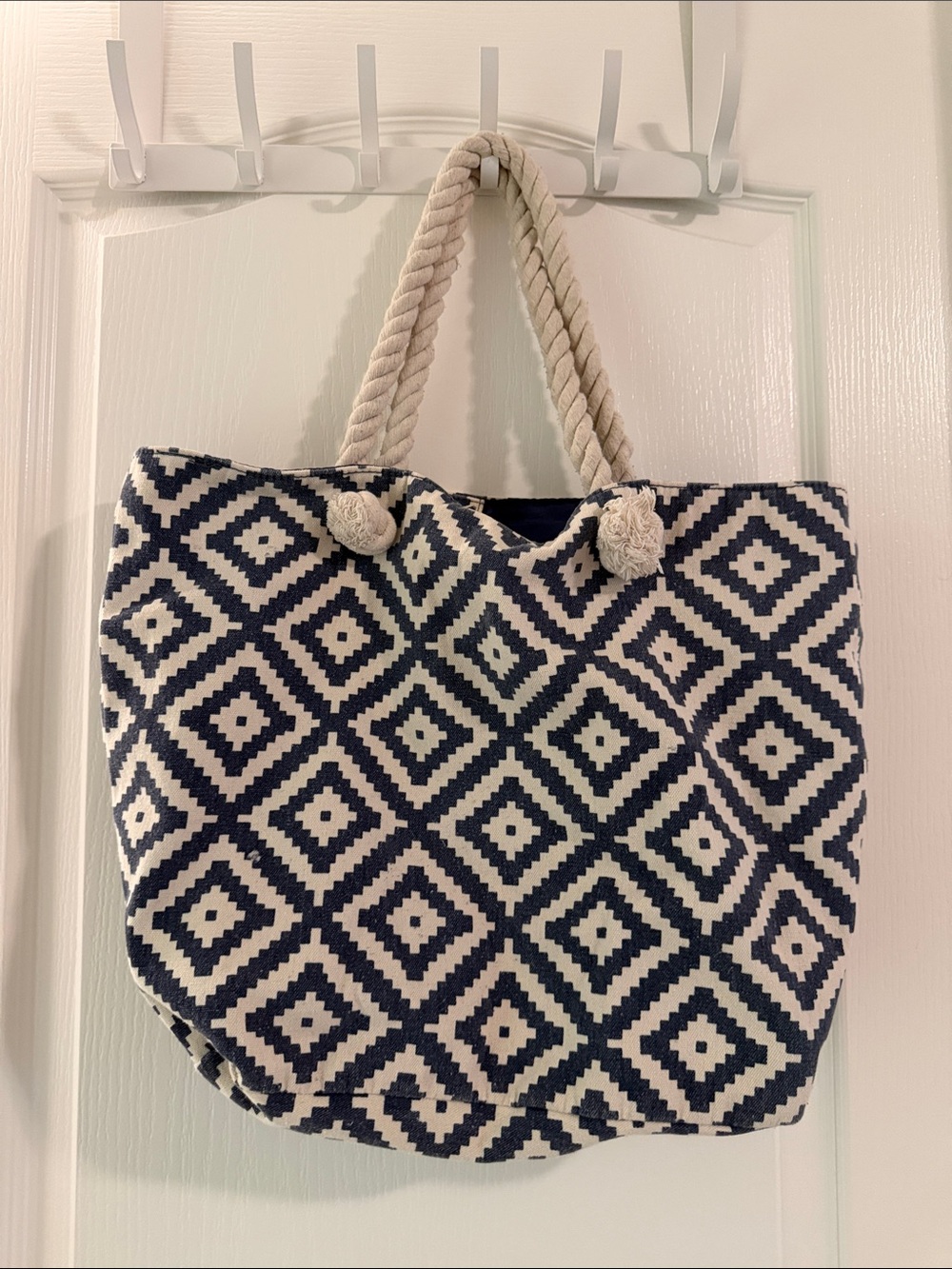 summer & rose Navy and Cream Geometric Rope-Handle Tote